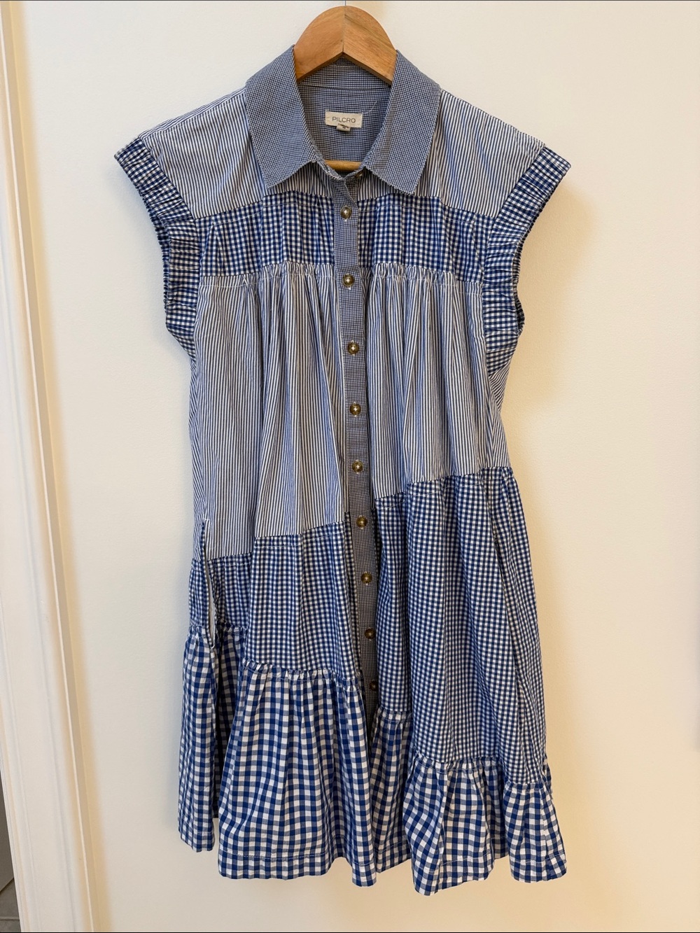 Pilcro Blue Patchwork Gingham Button-Front Dress xsp